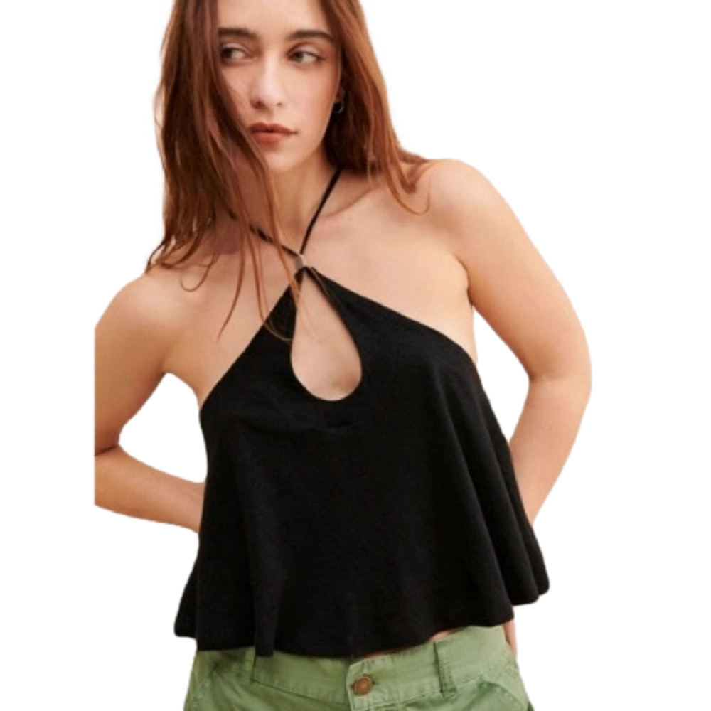 Free People Long Weekend Tank Top Halter Keyhole Neck Linen Blend Black Womens S